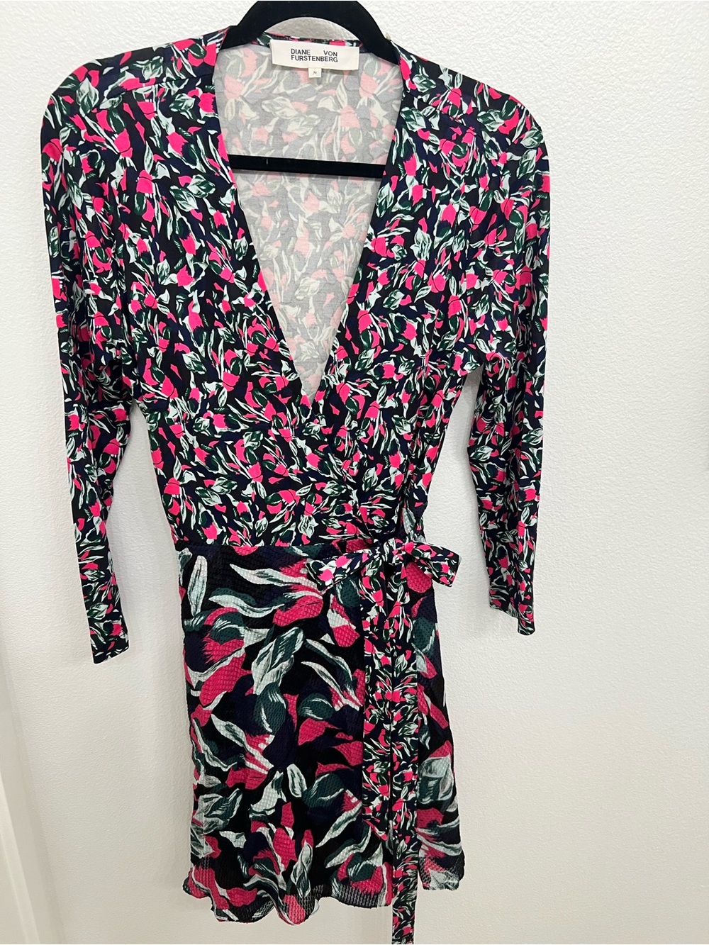 Diane Von Furstenberg Black and Hot Pink Floral Wrap Midi Dress